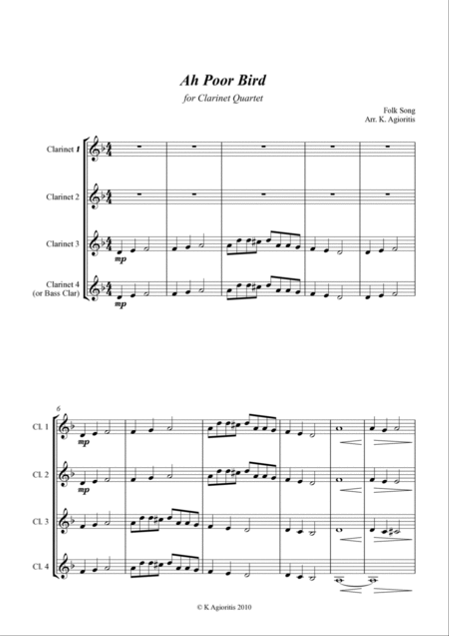 Ah Poor Bird - for Clarinet Quartet Clarinet Quartet scores gallery preview page 5