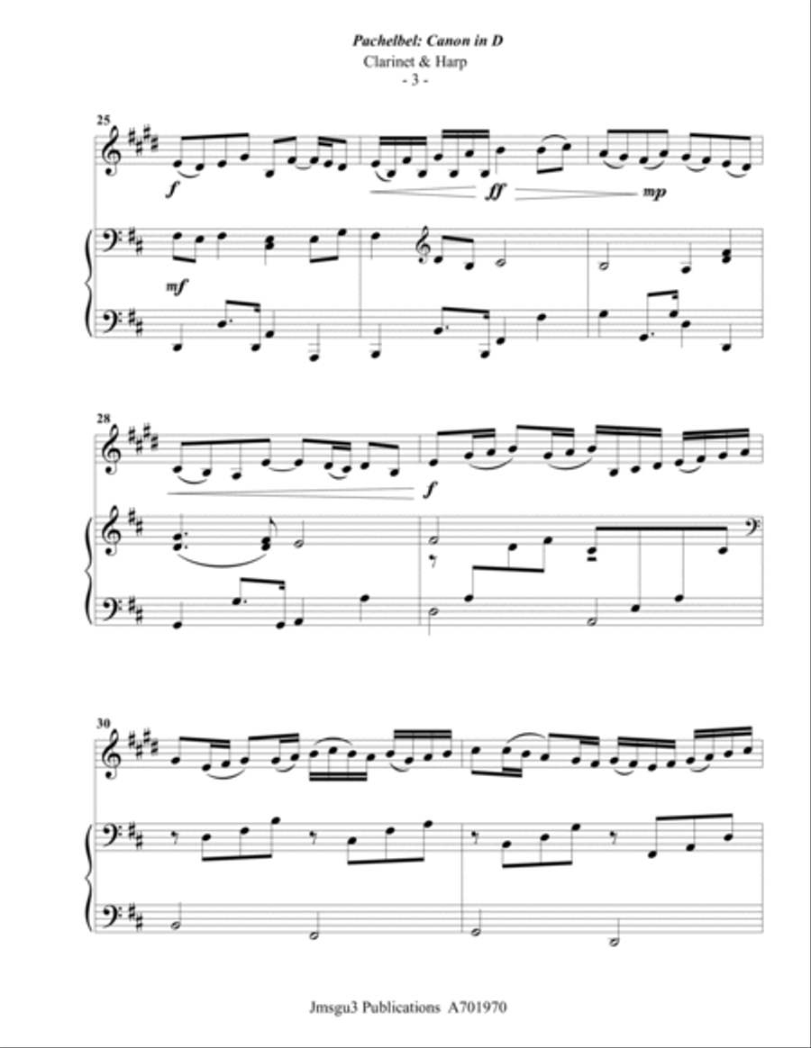 Pachelbel: Canon in D for Clarinet and Harp Clarinet scores gallery preview page 3
