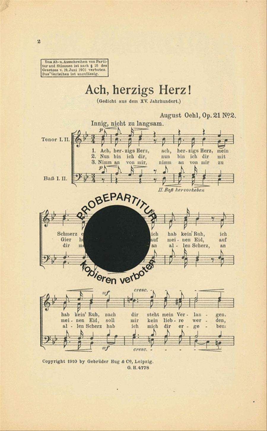 Ach herzigs Herz Men's Choir scores gallery preview page 1