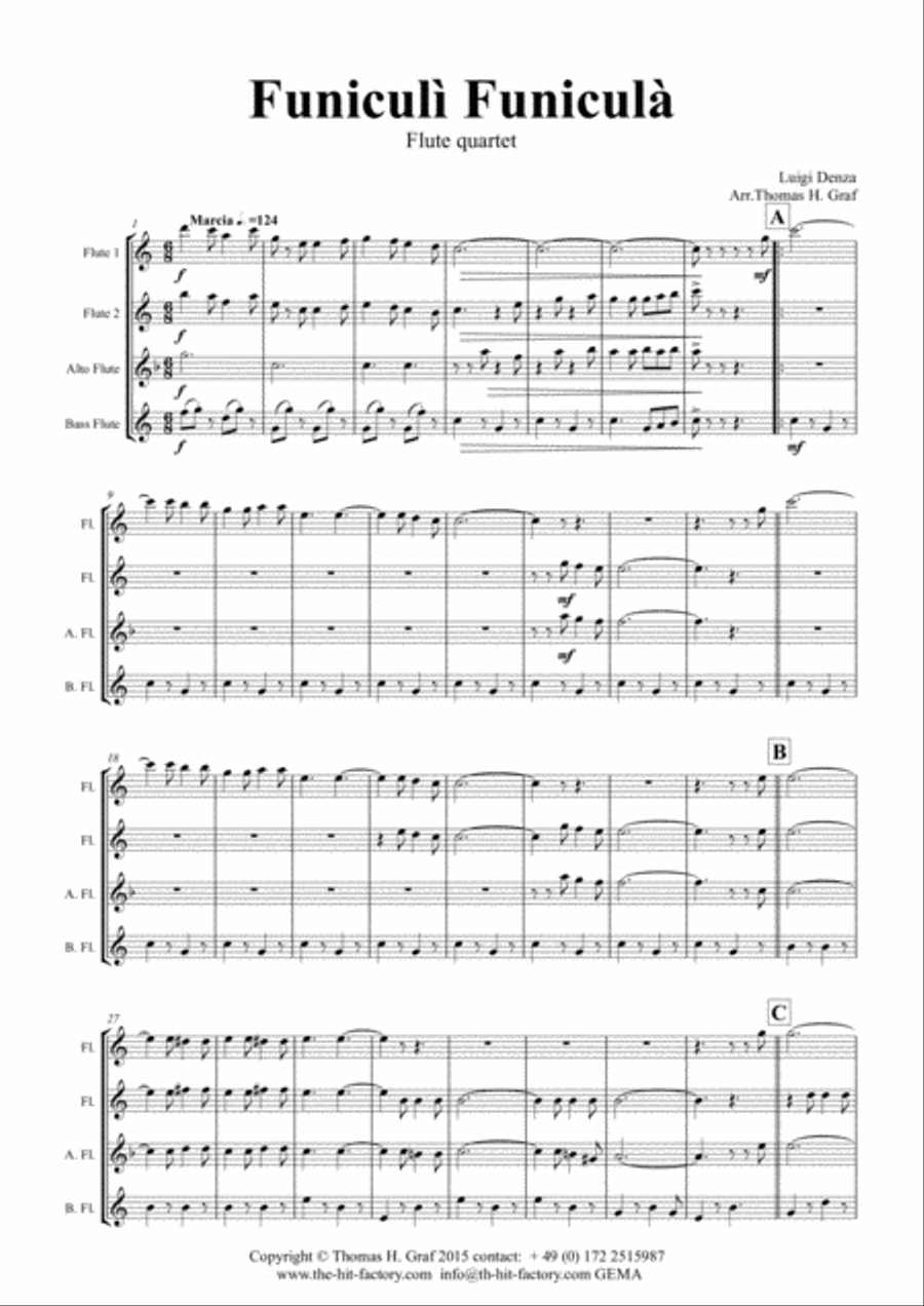 Funiculi Funicula - Italian Evergreen - Flute Quartet Flute Quartet scores gallery preview page 1