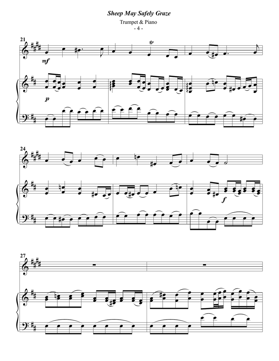 Bach: Sheep May Safely Graze for Trumpet & Piano B-Flat Trumpet scores gallery preview page 4
