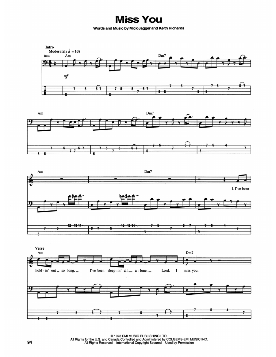 Miss You Bass Guitar Tablature scores gallery preview page 1