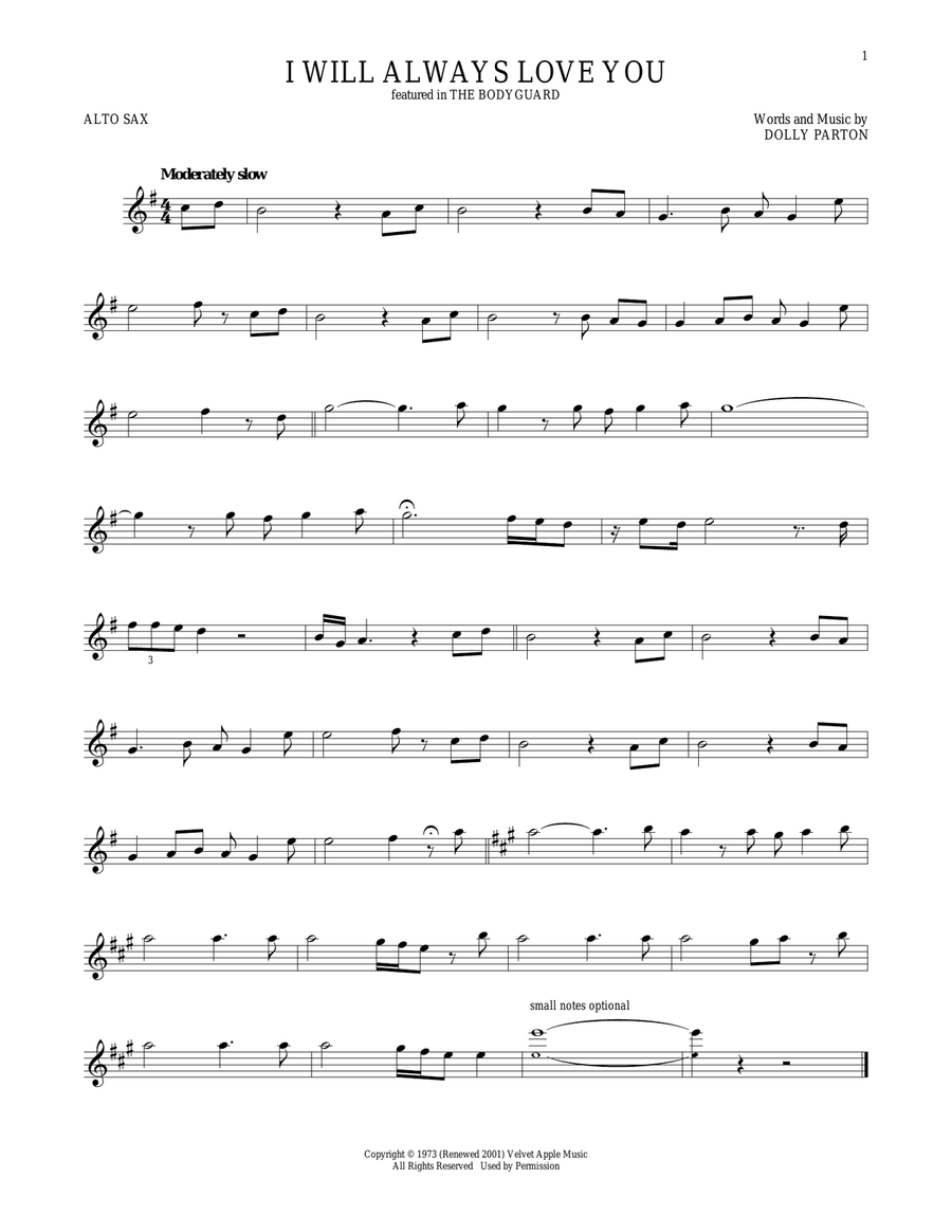 I Will Always Love You Alto Saxophone scores gallery preview page 1