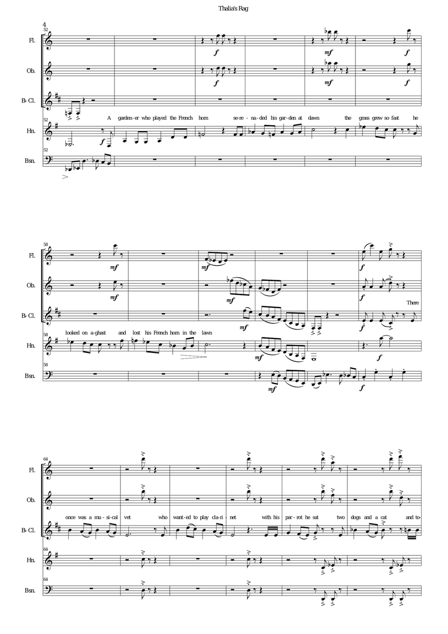 Thalia's Rag (with limericks) for wind quintet and speaker Woodwind Quintet scores gallery preview page 4