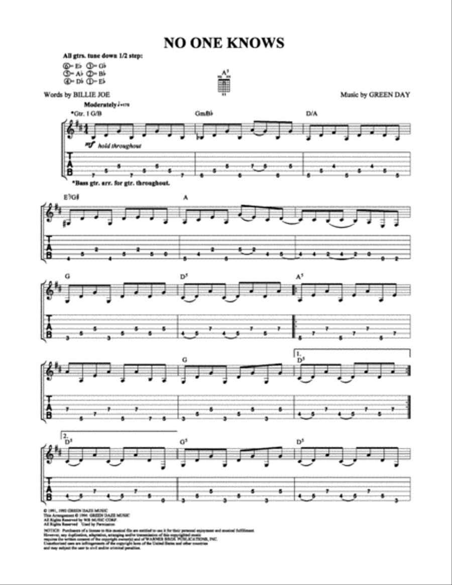 No One Knows Electric Guitar scores gallery preview page 1