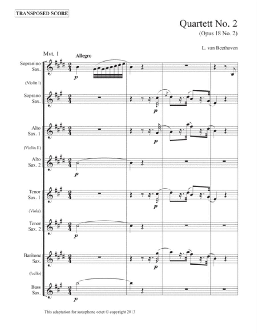 Beethoven No. 2, Opus 18 (Mvt. 1) (sax. 8) (score & parts)