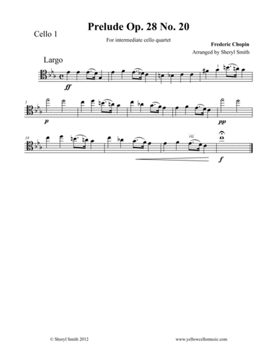 Piano Prelude No.20 for intermediate cello quartet (four cellos), Op.28