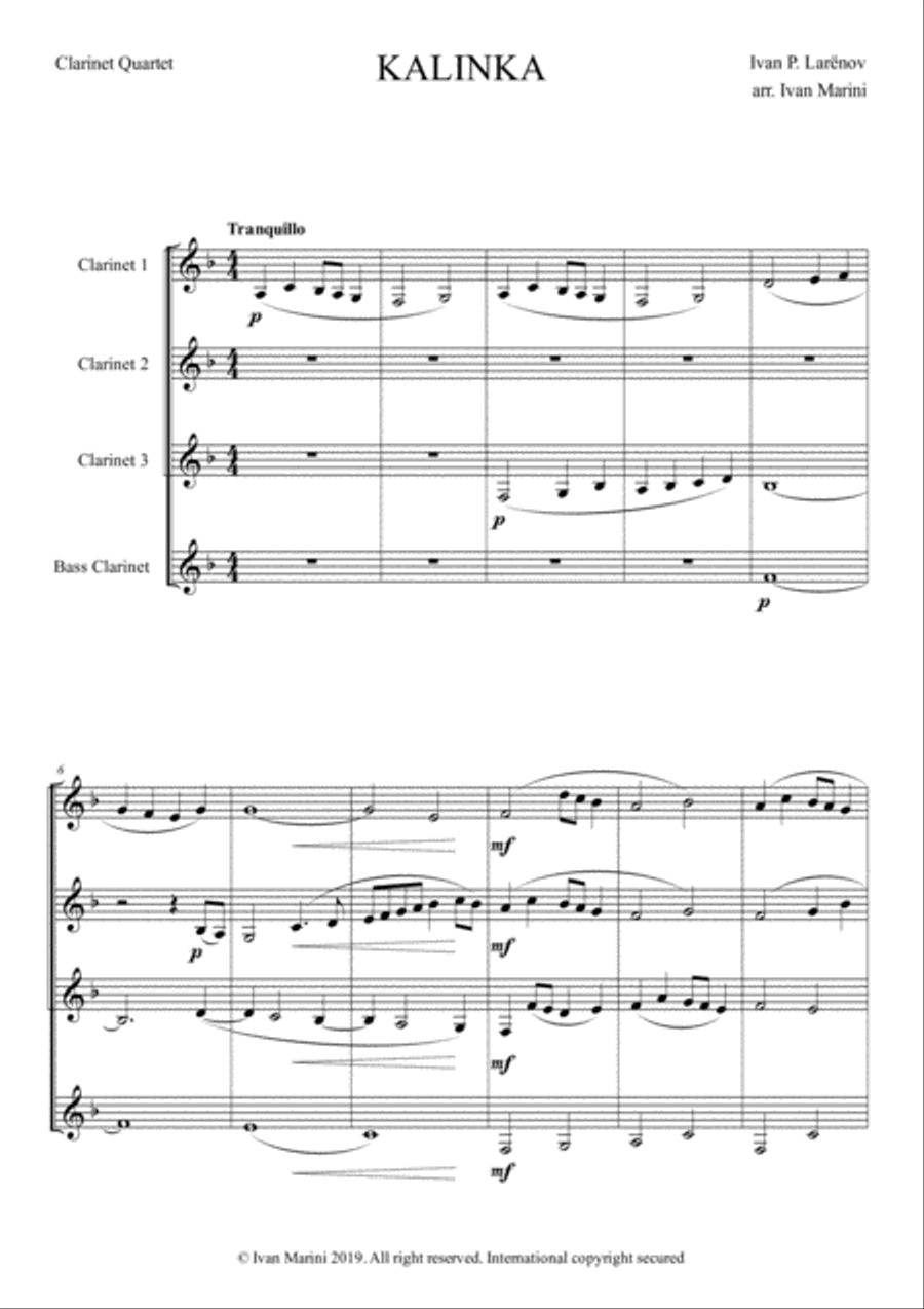 Kalinka for Clarinet Quartet image number null