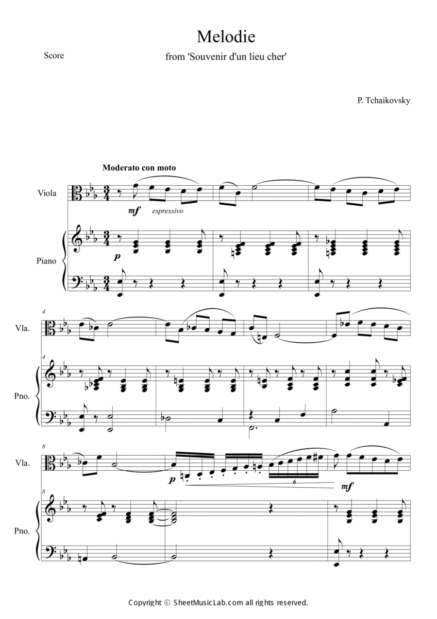 Tchaikovsky: Souvenir d'un lieu cher, Op.42 Melodie Viola scores gallery preview page 1