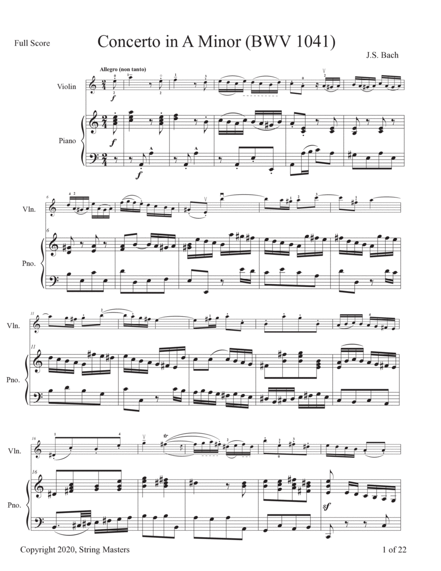 Bach, Concerto in A minor, BWV 1041, Violin & Piano Violin scores gallery preview page 1