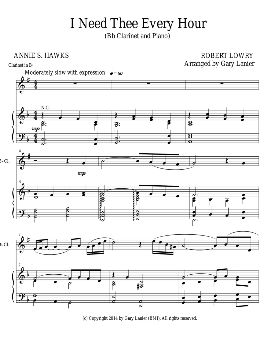 I NEED THEE EVERY HOUR (Bb Clarinet Solo with Piano and Clarinet Part) B-Flat Clarinet scores gallery preview page 1