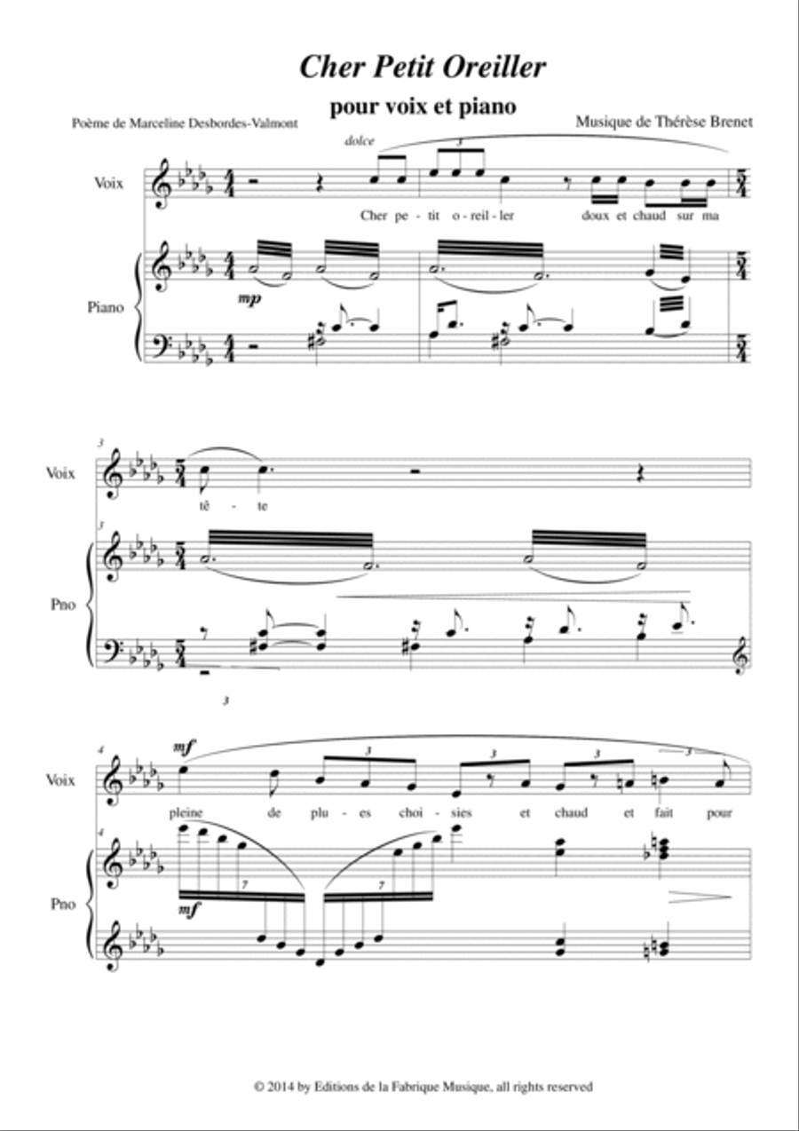 Therese Brenet : Cher Petit Oreiller for medium voice and piano Medium Voice scores gallery preview page 2