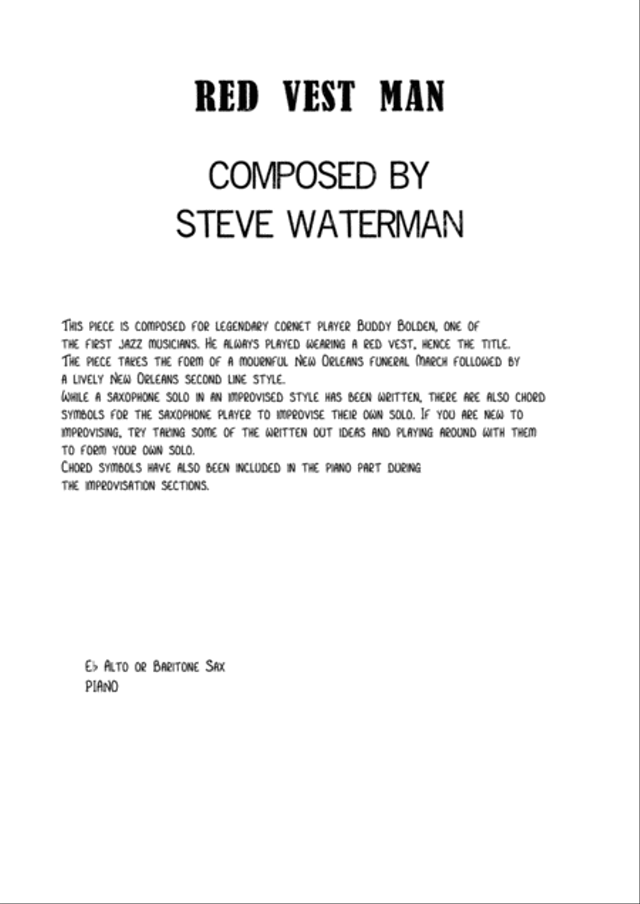 Red Vest Man for Eb Alto/Baritone Sax Woodwind Duet scores gallery preview page 1