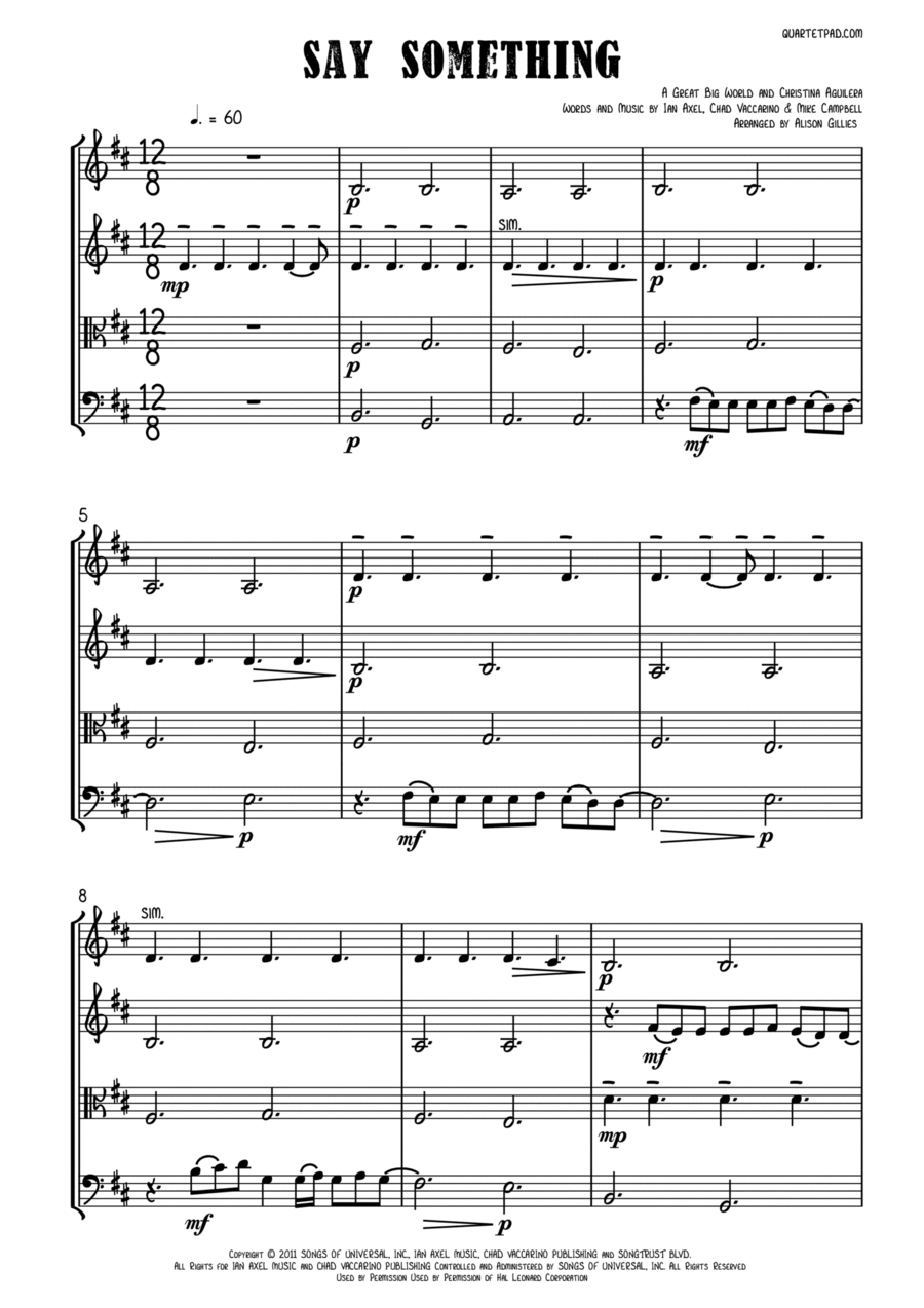 Say Something String Quartet scores gallery preview page 1