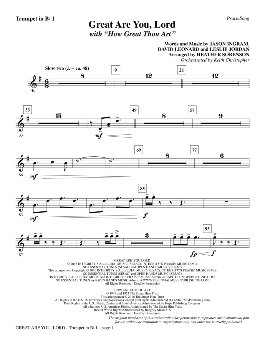 Great Are You Lord (with How Great Thou Art) - Bb Trumpet 1 Choir scores gallery preview page 1