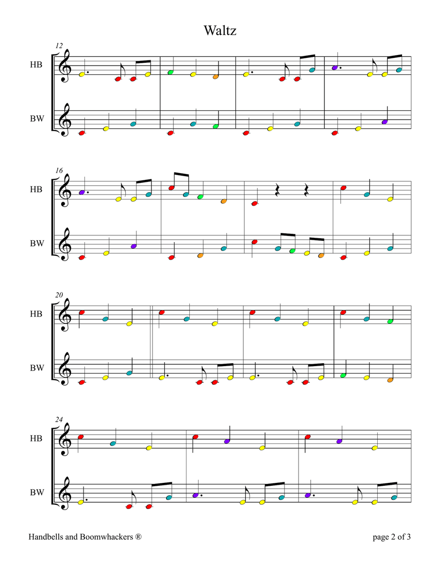Waltz for 8-note Bells and Boomwhackers® (with Color Coded Notes) Handbell Choir scores gallery preview page 5