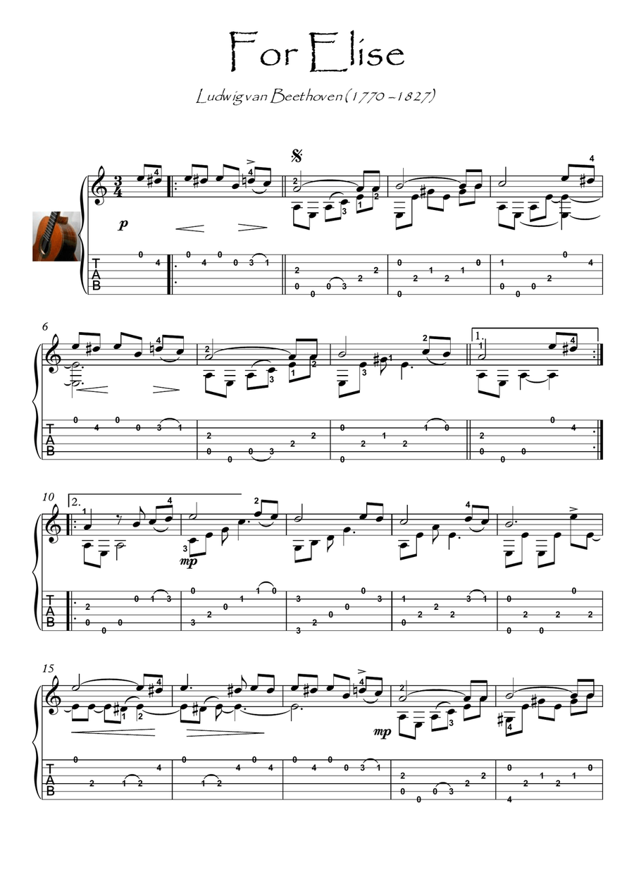 For Elise Guitar solo with tablature For Elise Guitar solo with tablature Acoustic Guitar scores gallery preview page 1