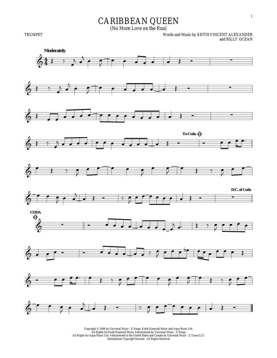 Caribbean Queen (No More Love On The Run) Trumpet Solo scores gallery preview page 1