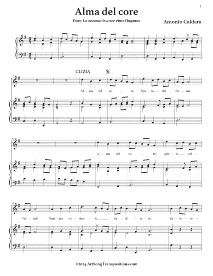 CALDARA: Alma del core (transposed to G major) Voice scores gallery preview page 2