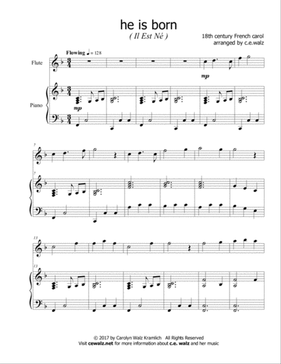 He Is Born - a Christmas flute solo with accompaniment Flute Solo scores gallery preview page 1