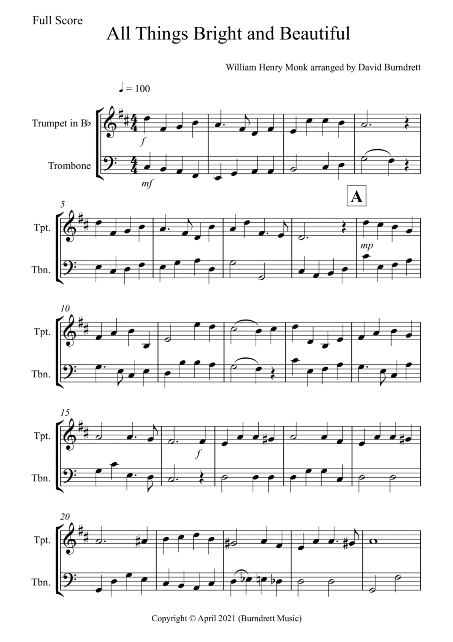 All Things Bright and Beautiful for Trumpet and Trombone Duet Brass Duet scores gallery preview page 1