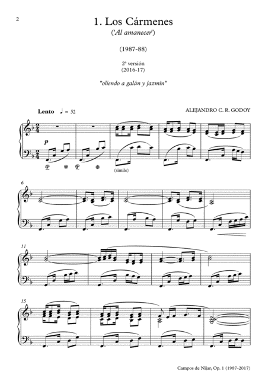 Campos de Níjar, Op.1 - I. Los Cármenes ('Al amanecer') (2017) Piano Solo scores gallery preview page 2