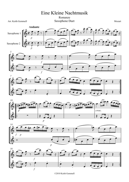 Eine Kleine Nachtmusik – Romanze: Saxophone Duet (2 altos or 2 tenors) image number null