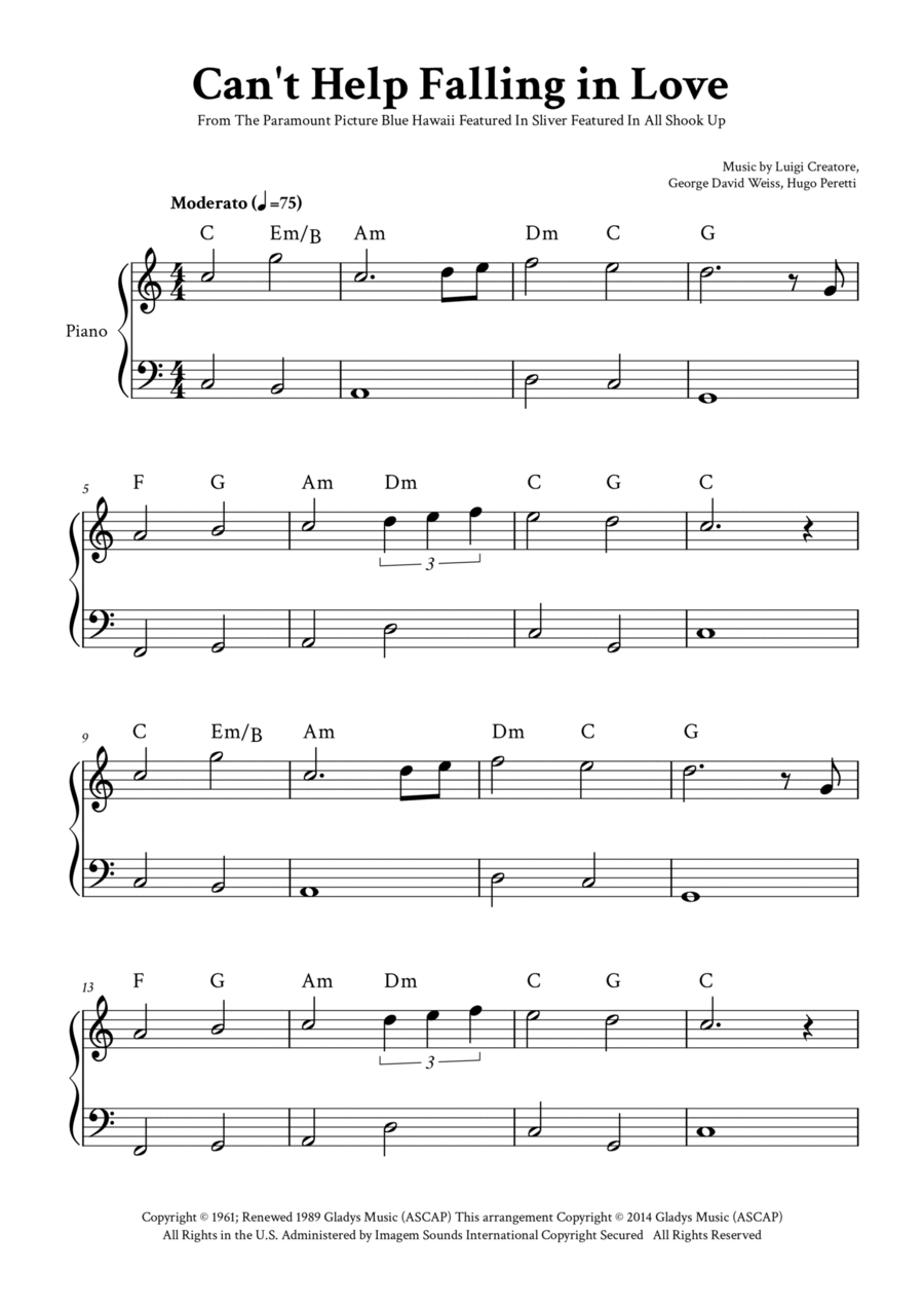 Can't Help Falling In Love Easy Piano scores gallery preview page 1
