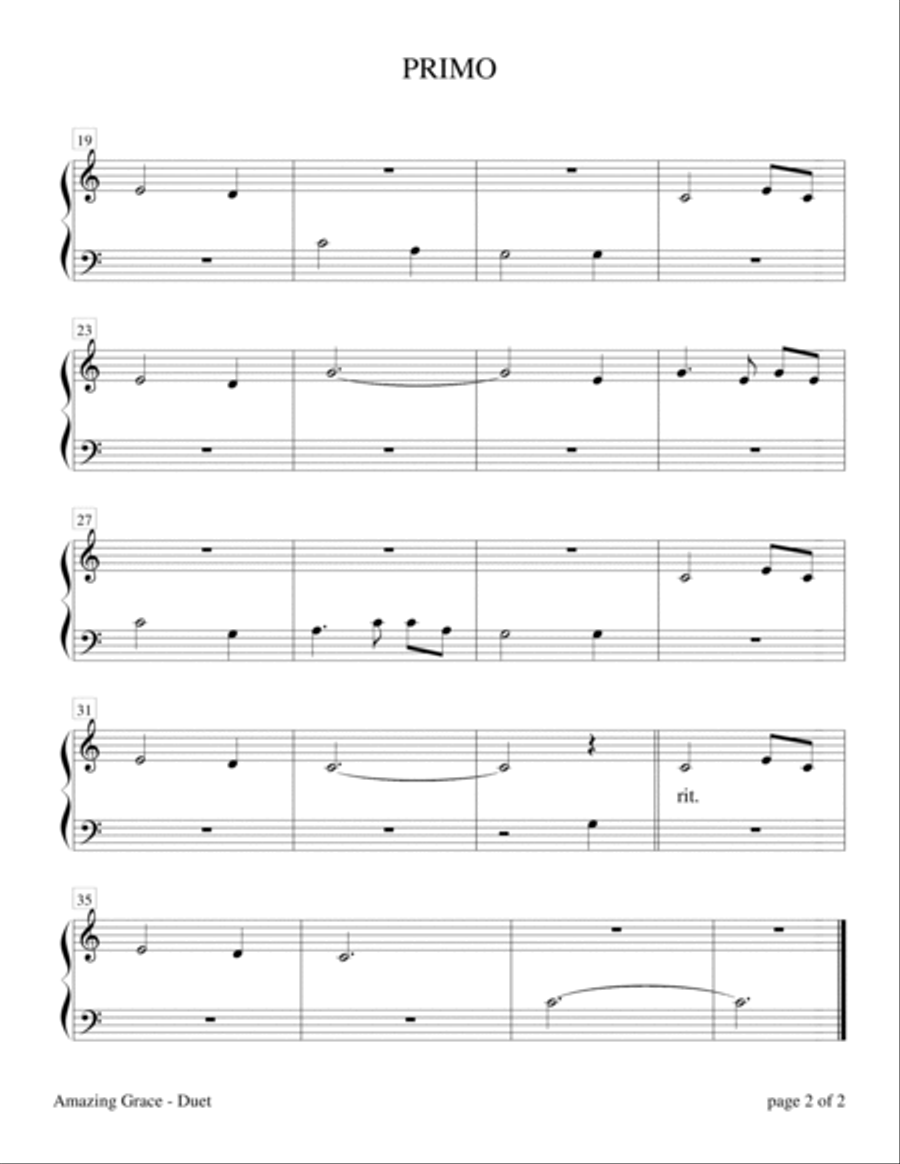 Amazing Grace (Easy Piano Duet, 1 Piano, 4 Hands)