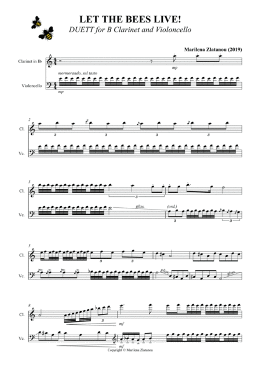 LET THE BEES LIVE! duett for Clarinet in B and violoncello Clarinet scores gallery preview page 1