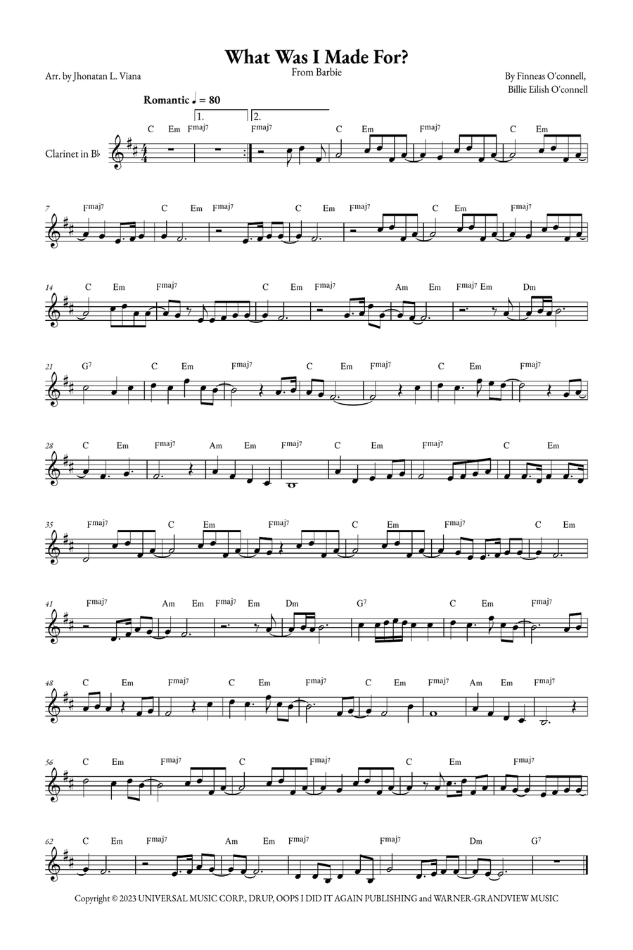 What Was I Made For? B-Flat Clarinet scores gallery preview page 1