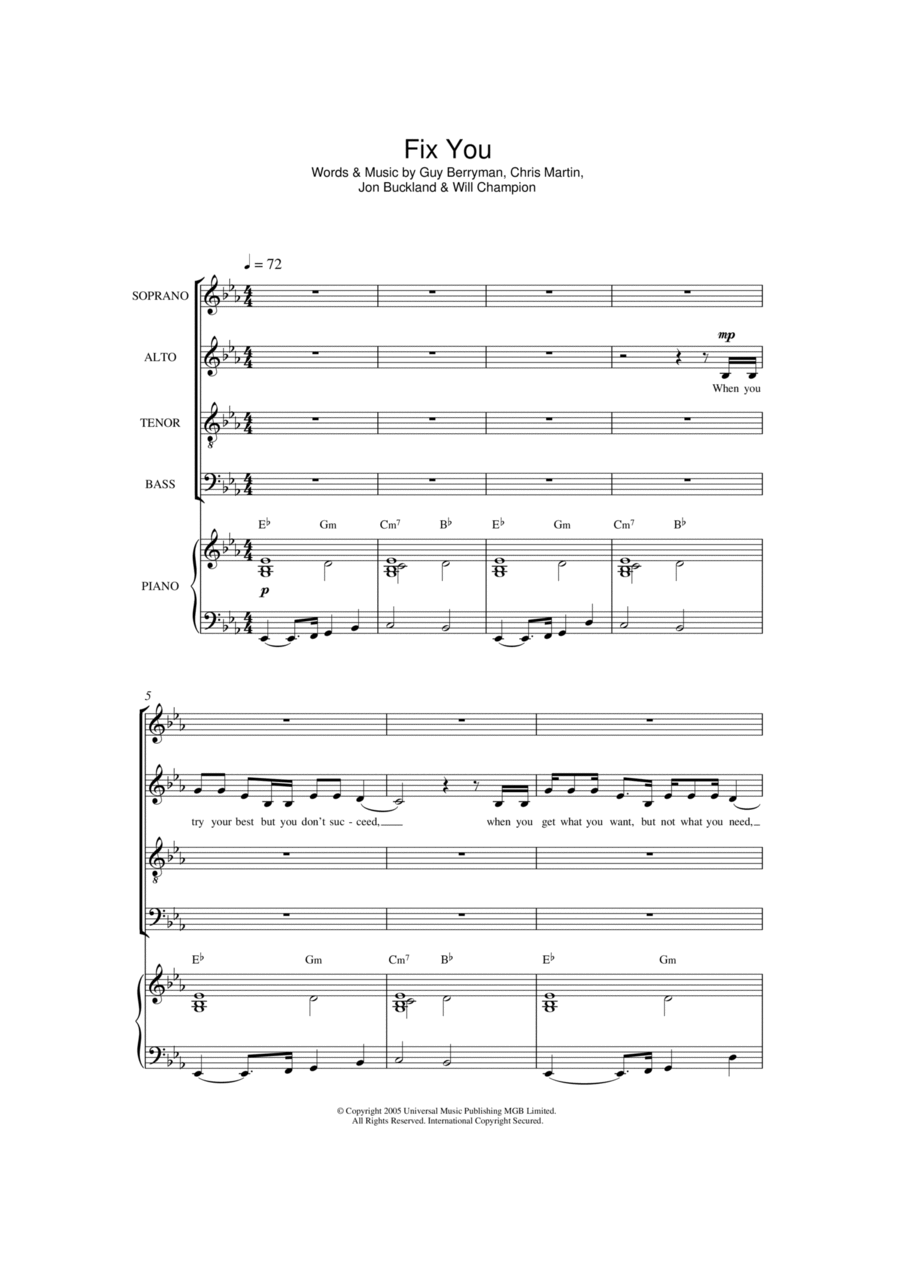 Fix You (arr. Jonathan Wikeley) 4-Part scores gallery preview page 1
