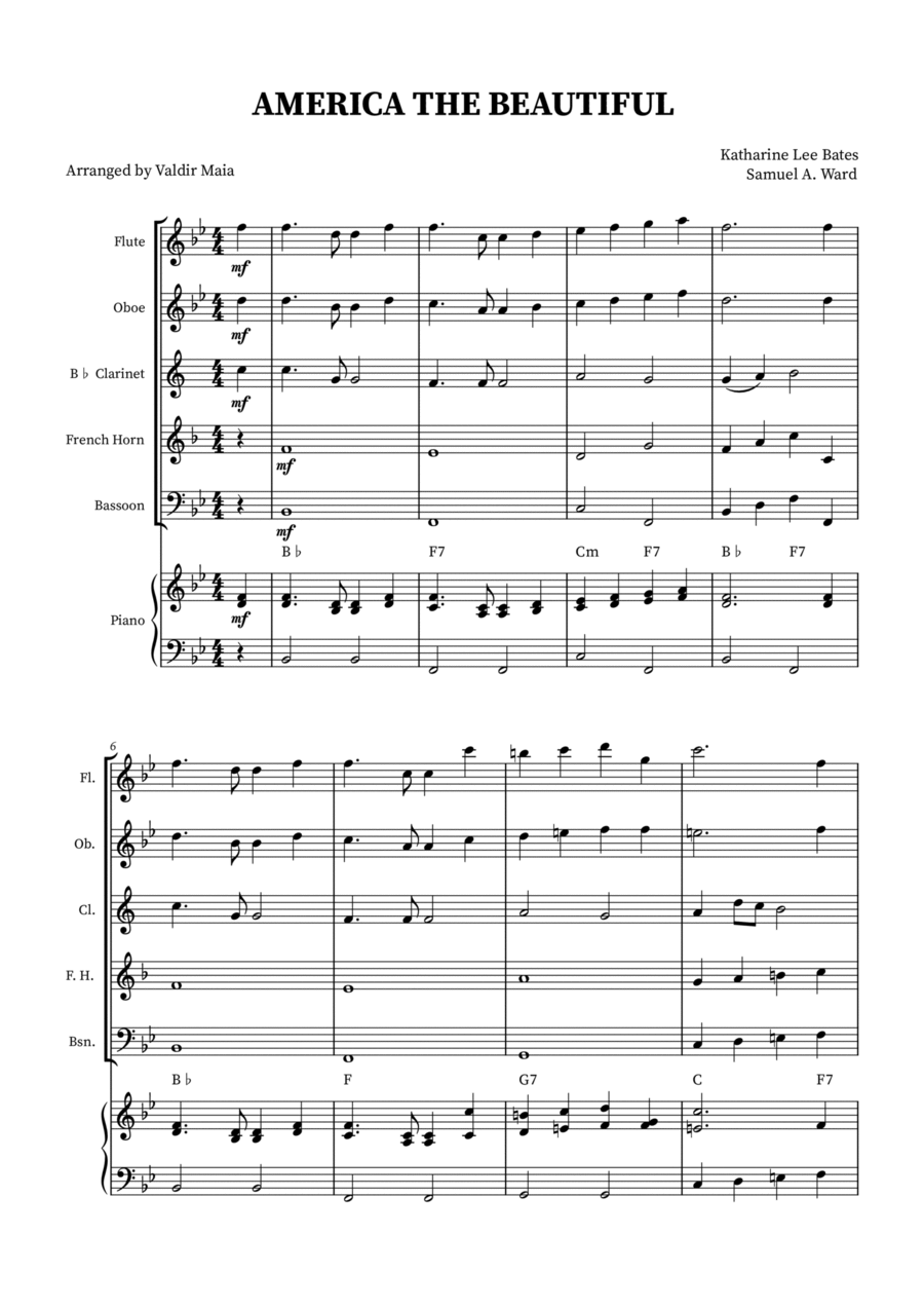America The Beautiful - Woodwind Quintet (with piano accompaniment + CHORDS) Woodwind Quintet scores gallery preview page 1