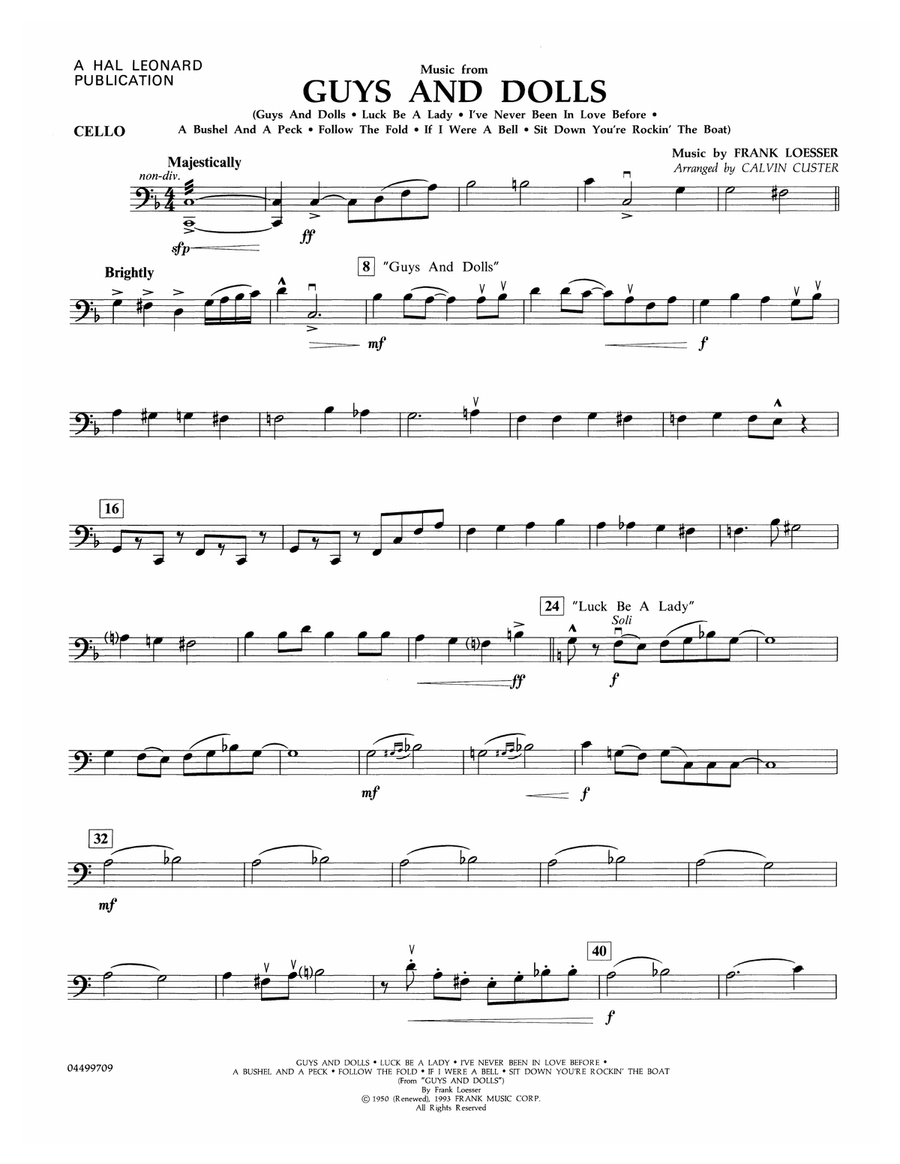 Music from Guys and Dolls (arr. Calvin Custer) - Cello Full Orchestra scores gallery preview page 1