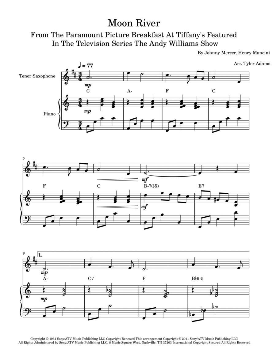 Moon River Tenor Saxophone scores gallery preview page 1