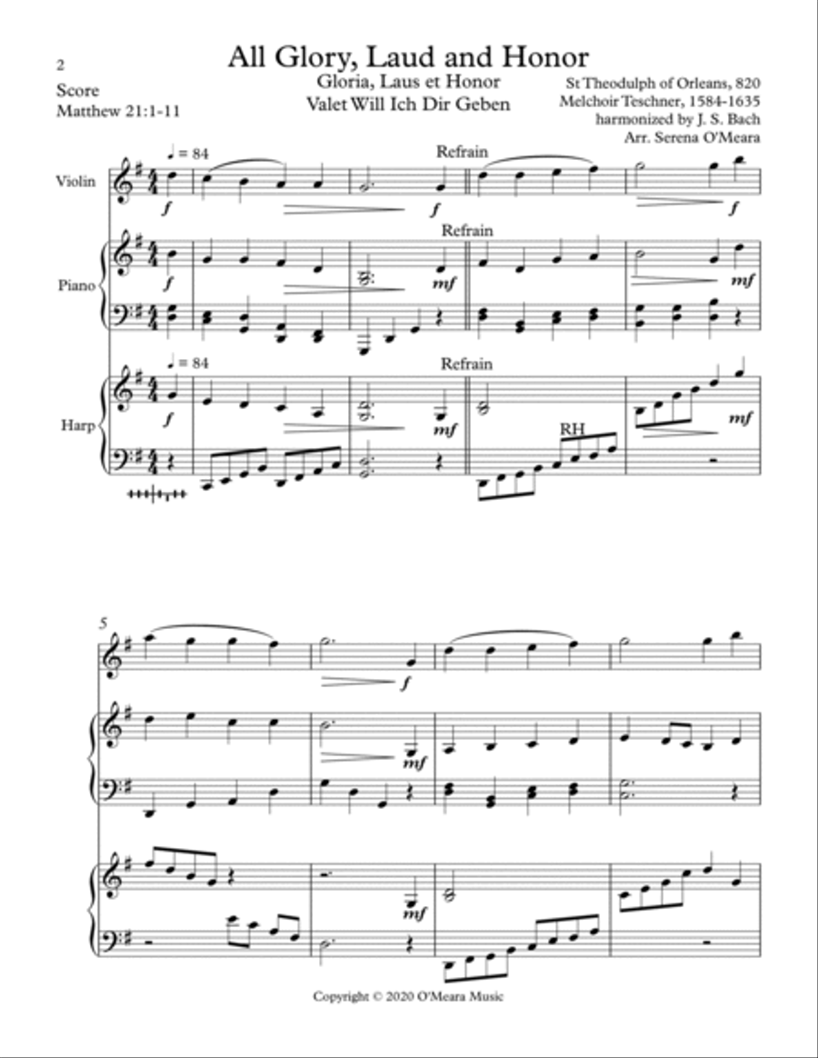 All Glory, Laud and Honor Trio for Violin, Harp and Piano Pedal Harp scores gallery preview page 2