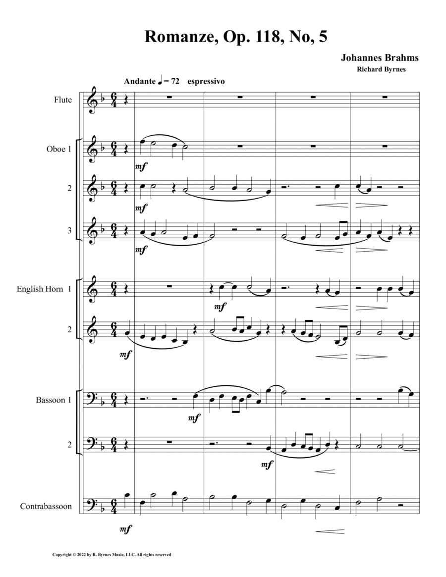 Johannes Brahms – Romanze, Op. 118, No. 5 (Double Reed Octet + Flute) Woodwind Ensemble scores gallery preview page 1