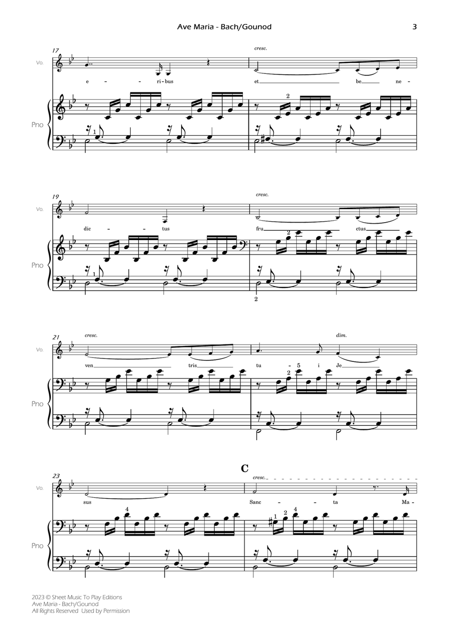 Ave Maria by Bach/Gounod - Voice and Piano - Bb Major (Full Score and Parts) Piano, Vocal scores gallery preview page 4