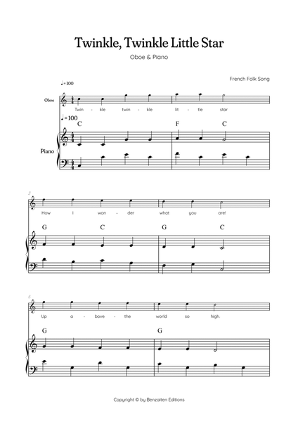 Twinkle, Twinkle Little Star • Easy oboe sheet music with easy piano accompaniment with chords image number null