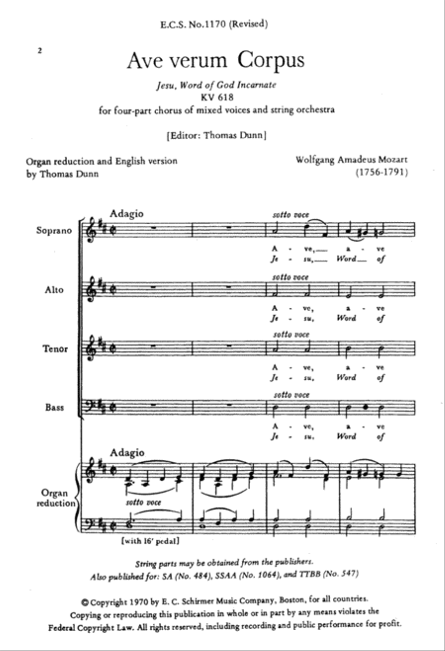 Ave verum Corpus, K. 618 (Jesu, Word of God Incarnate) 4-Part scores gallery preview page 2