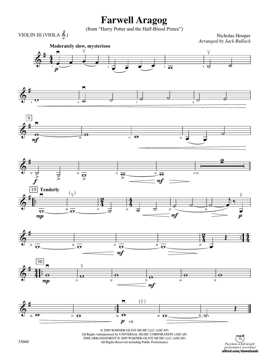 Farewell Aragog (from Harry Potter and the Half-Blood Prince): 3rd Violin (Viola [TC])