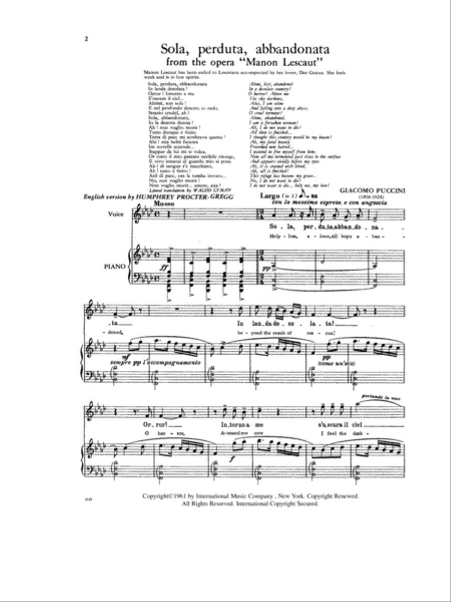 Sola, Perduta, Abbandonata, From Manon Lescaut (I. & E.) (S.) Soprano Voice scores gallery preview page 2