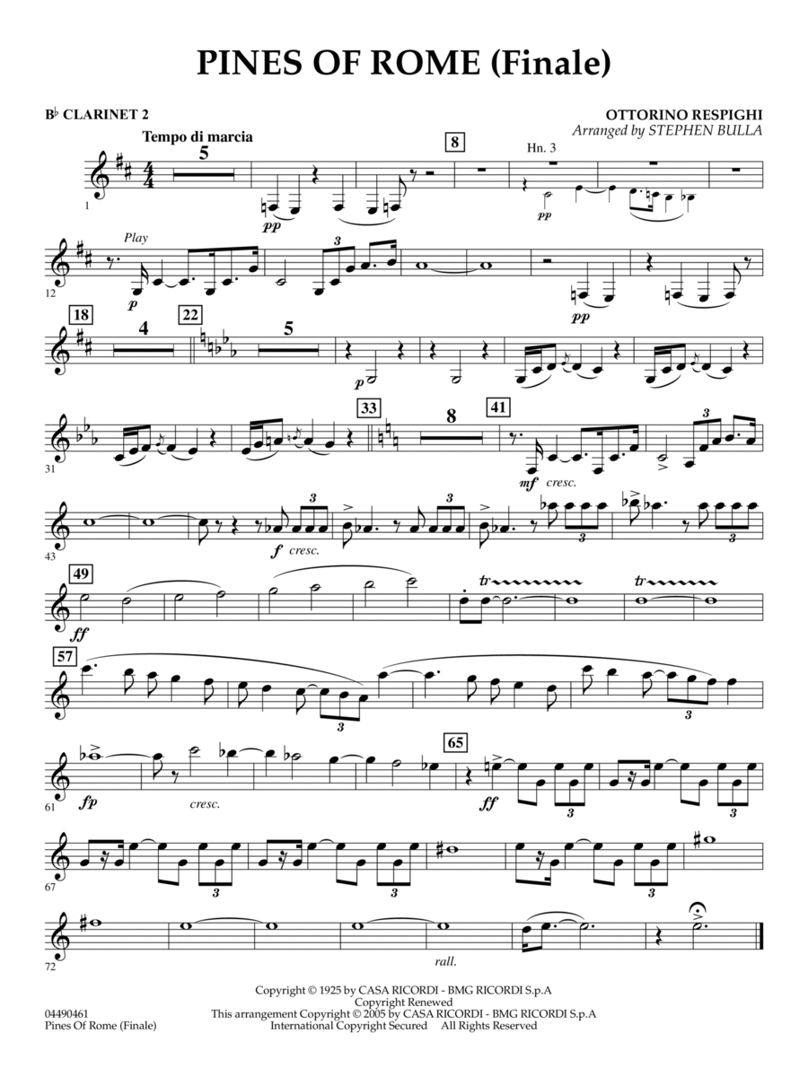 The Pines of Rome (Finale) (arr. Stephen Bulla) - Bb Clarinet 2 Full Orchestra scores gallery preview page 1