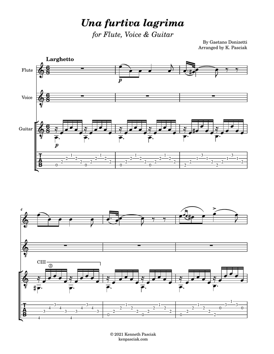 Una furtiva lagrima (for Flute, Voice and Guitar) Small Ensemble scores gallery preview page 3