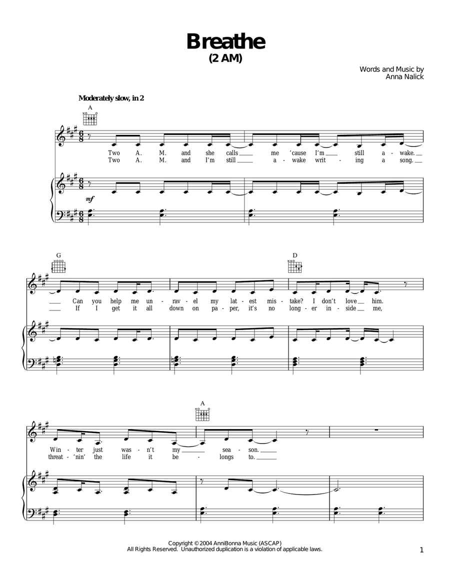 Breathe (2 AM) Piano, Vocal, Guitar scores gallery preview page 1