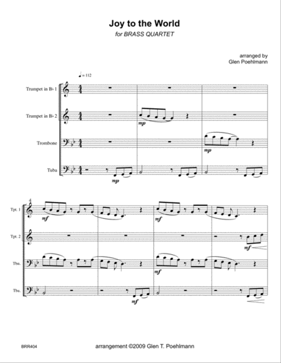 JOY TO THE WORLD - BRASS QUARTET (unaccompanied) Brass Quartet scores gallery preview page 1