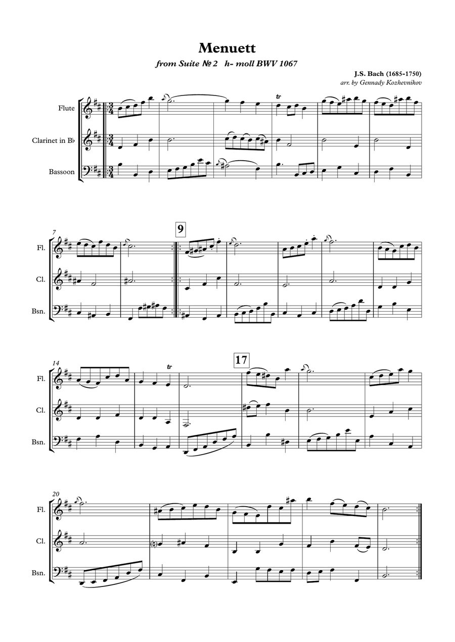J.S. Bach, Menuet from Suite #2 h-moll (BWV 1067) Woodwind Trio scores gallery preview page 1