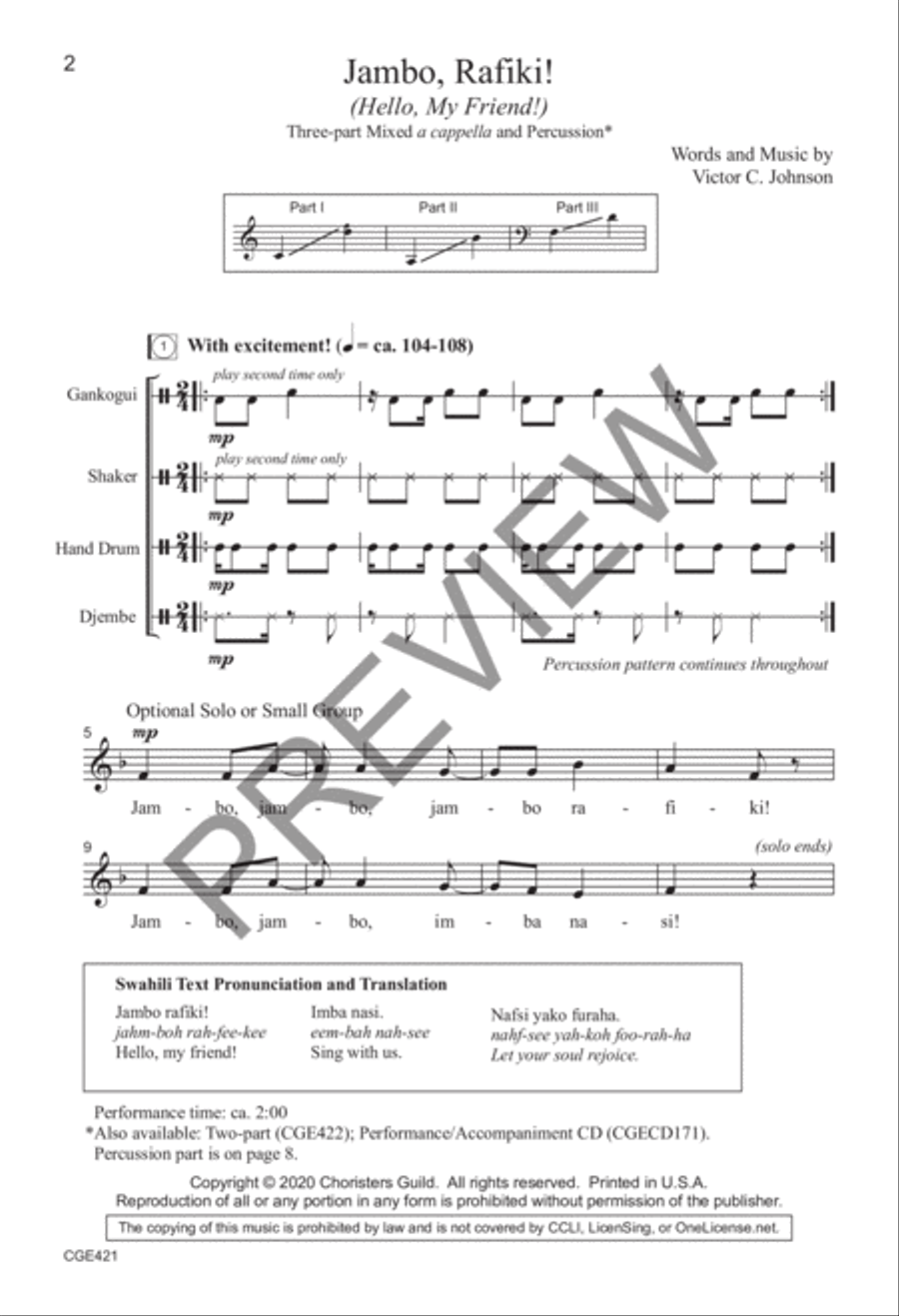 Jambo Rafiki! (Three-part Mixed with percussion) 3-Part scores gallery preview page 2