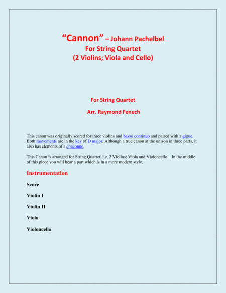 Canon - Johann Pachelbel - Strings Quartet - (2 Violins; Viola; and Violoncello) Intermediate/Advanc image number null