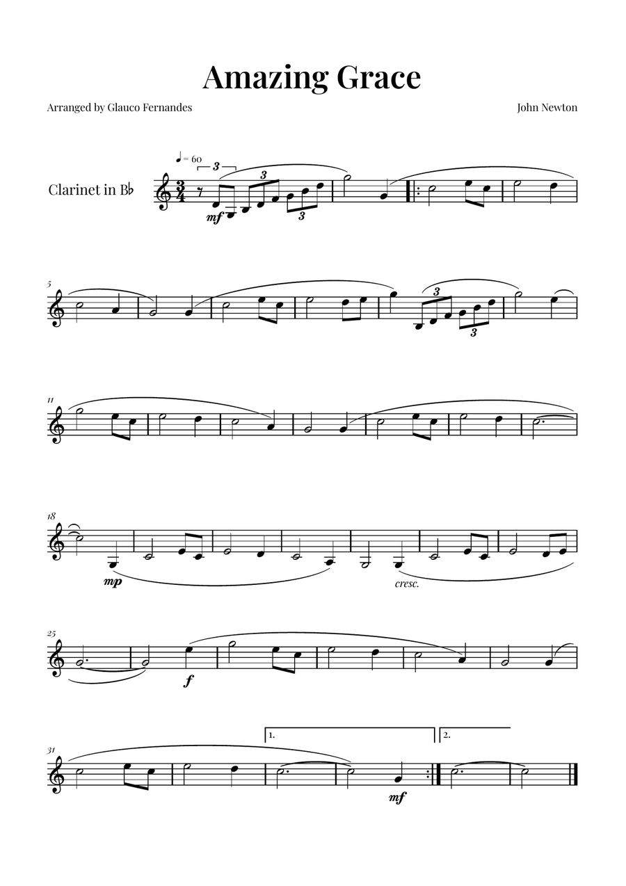 Amazing Grace // Beautiful Arrangement B-Flat Clarinet scores gallery preview page 1